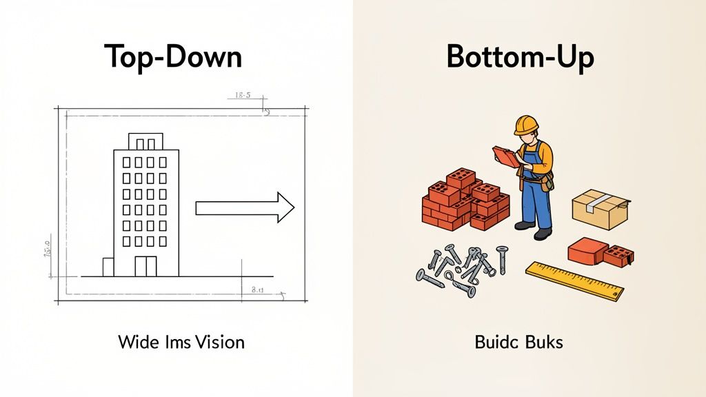 Diagram contrasting top-down planning with a building blueprint versus bottom-up execution with construction materials and a worker.