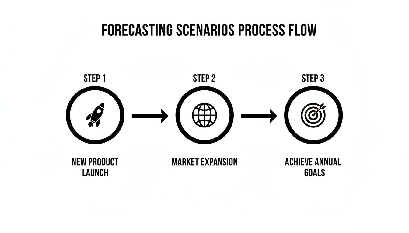 A three-step forecasting process flow for new product launch, market expansion, and annual goals.
