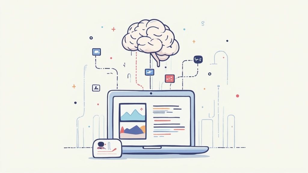 An illustration of a brain connected to a laptop and data icons, symbolizing AI, data processing, and smart systems.