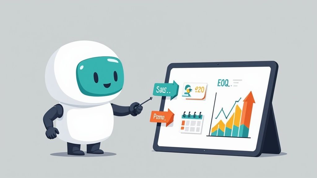 A friendly robot points to a tablet screen displaying business charts, data, and a calendar.