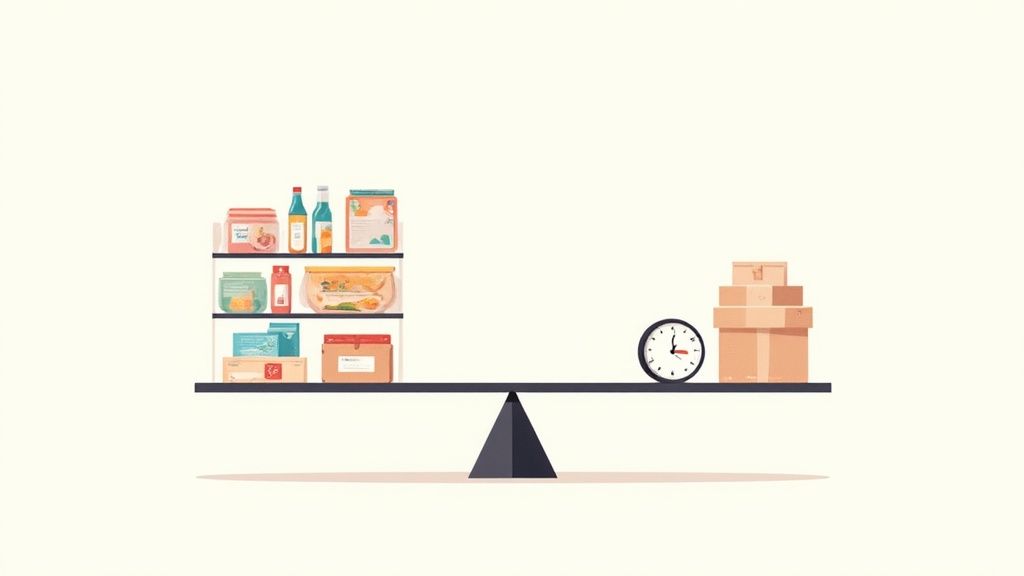 A balanced scale showing a shelf with various packaged goods on the left and a stack of boxes with a clock on the right.
