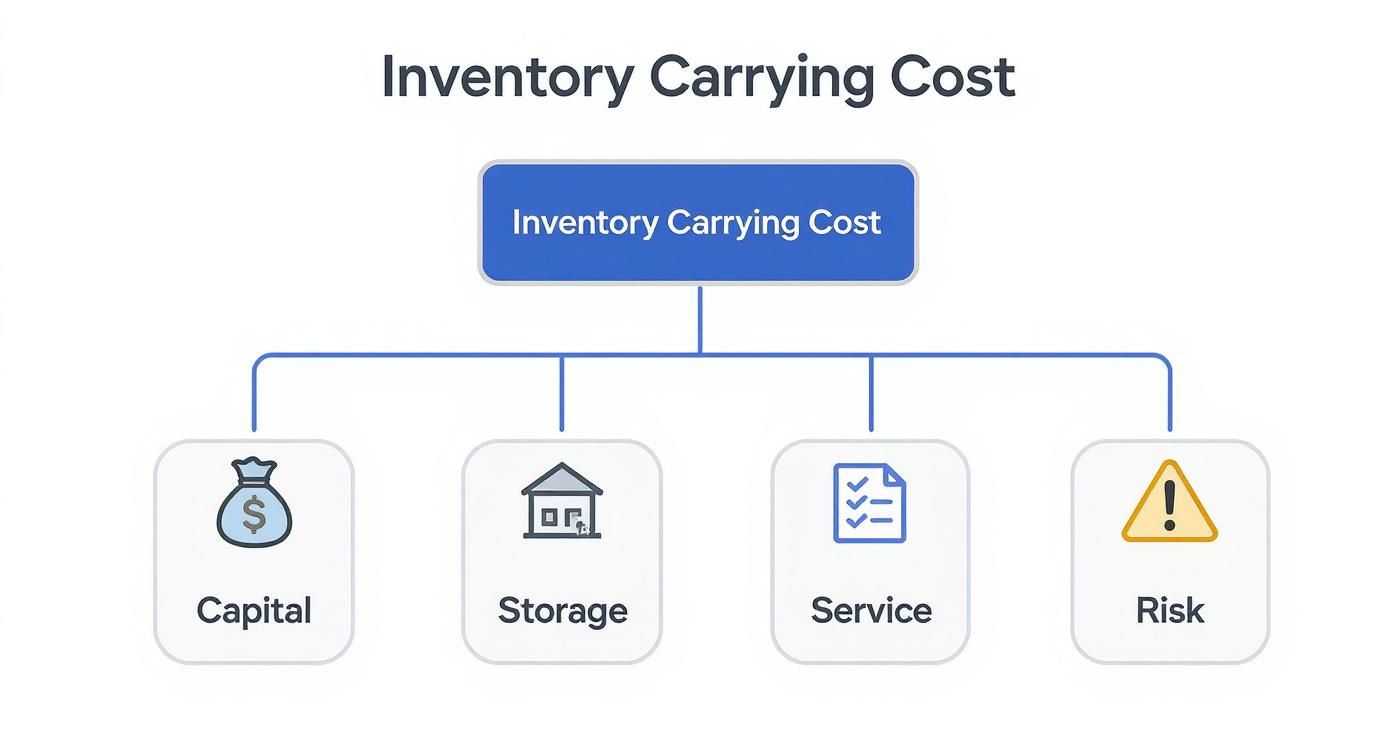 A diagram illustrating the four main components of inventory carrying cost: Capital, Storage, Service, and Risk.