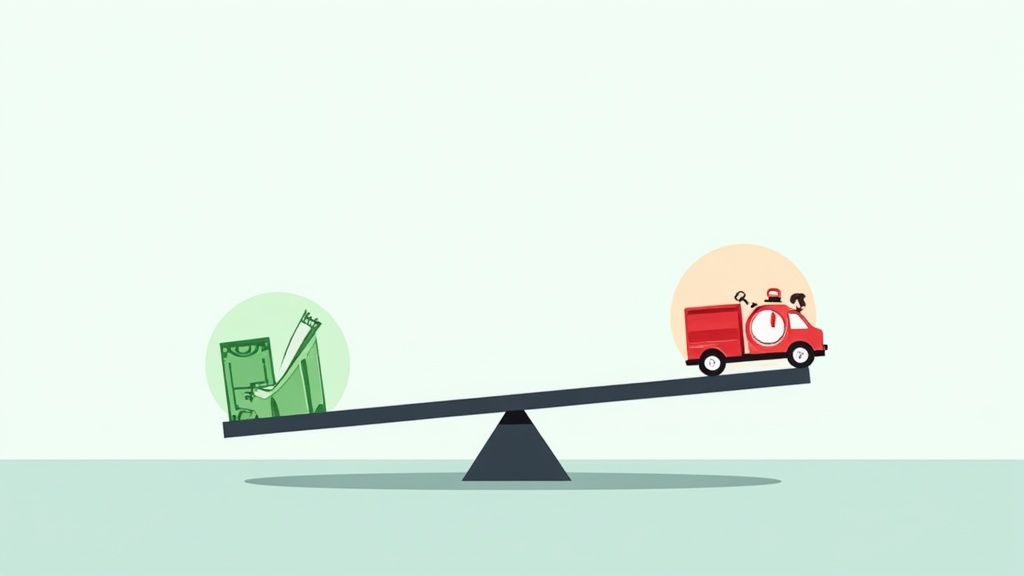 An illustration of a balance scale showing money outweighing a red delivery truck with a clock.