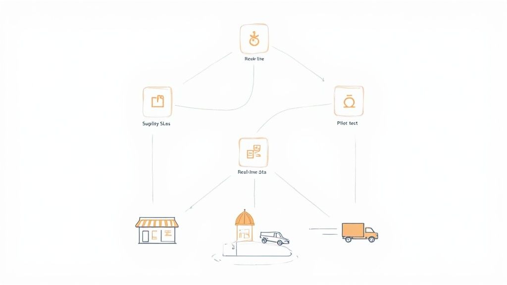A flowchart diagram illustrating a supply chain or logistics process with various interconnected steps and delivery methods.