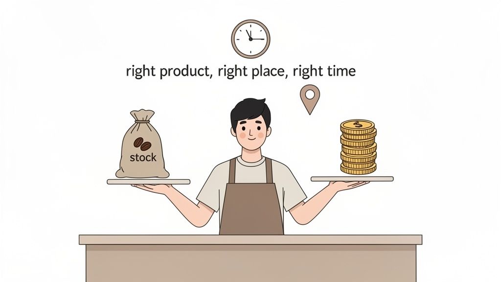 Illustration of a vendor balancing coffee stock and money, emphasizing right product, place, and time.