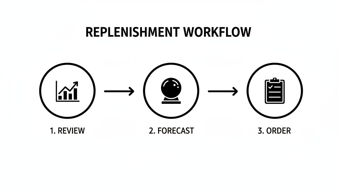 A replenishment workflow diagram illustrating three steps: review, forecast, and order for inventory management.