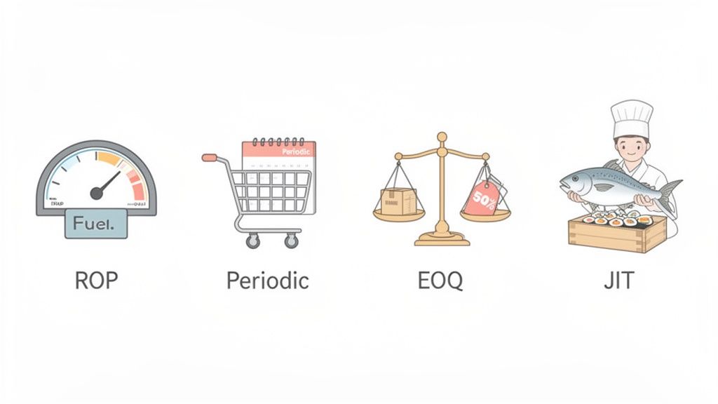 Illustrates four inventory management methods: ROP, Periodic, EOQ, and JIT, with clear visual metaphors.