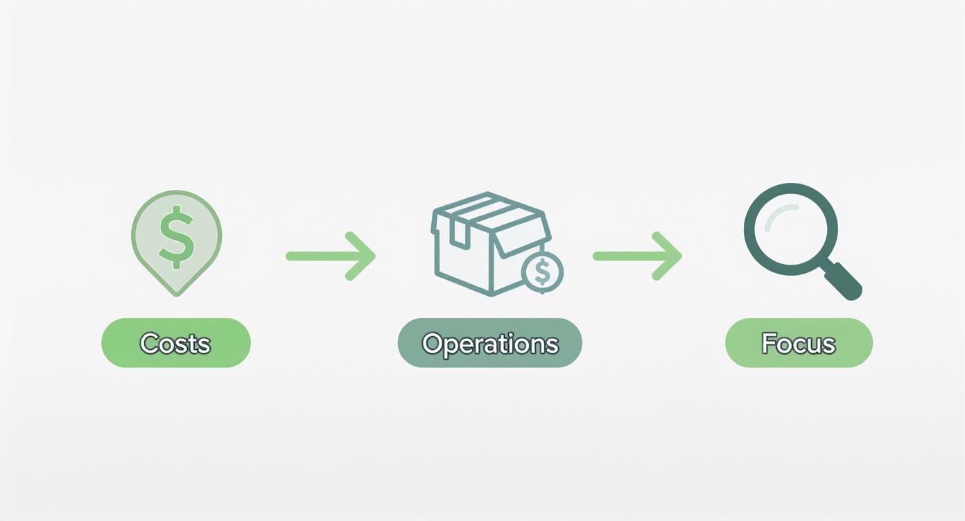 Infographic illustrating a business process flow from costs, through operations, to focused improvements.