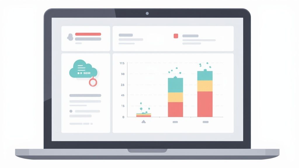 Modern laptop screen displaying a data analytics dashboard with charts, a cloud icon, and user info.
