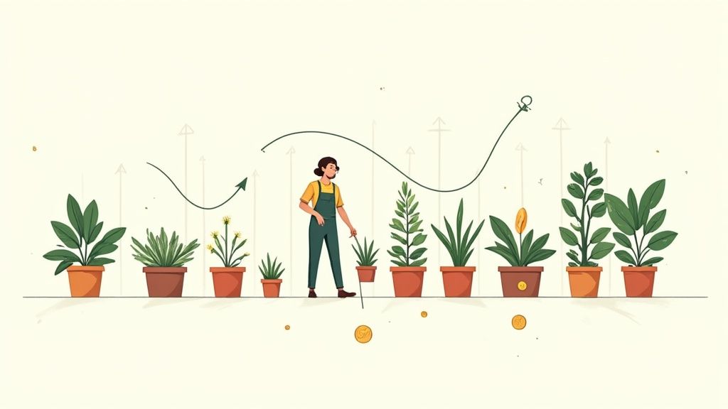 A person watering a row of potted plants, symbolizing business growth, investment, and financial trends.